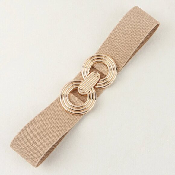 Metal Round Buckle Elastic Cinch Buckle Belt Beige/Brown main image 4